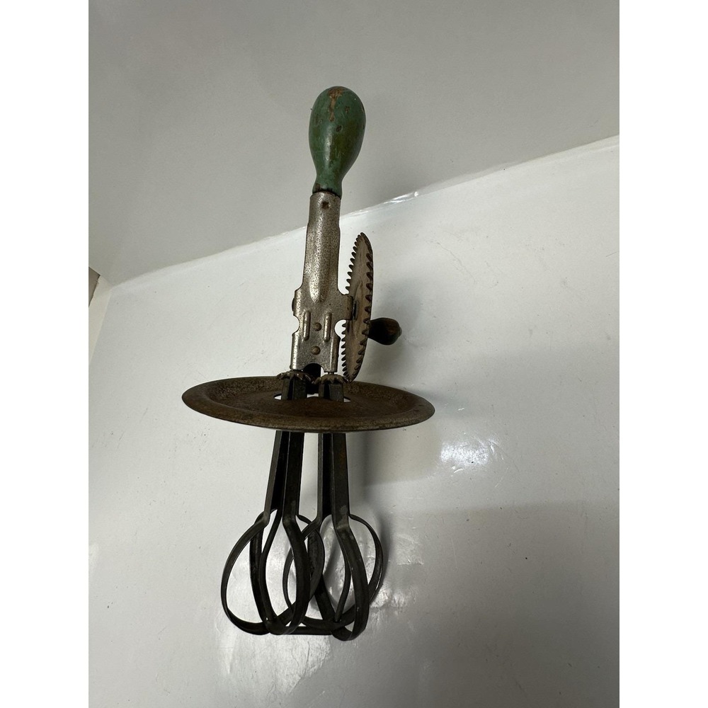 Vintage A & J Egg Beater Mixer Splash Guard with Green Wood Handle - Made in USA